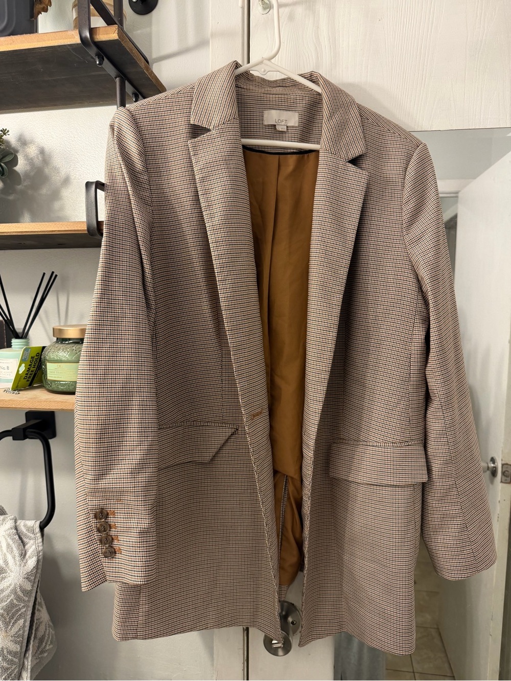 LOFT Taupe Plaid Blazer Jacket with Mustard Lining